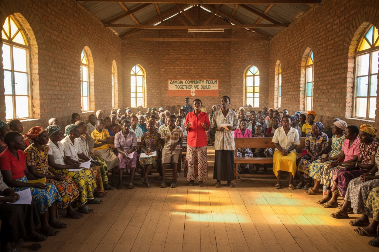 A large group of people gathers inside a brick building for a Zambia Community Forum meeting.