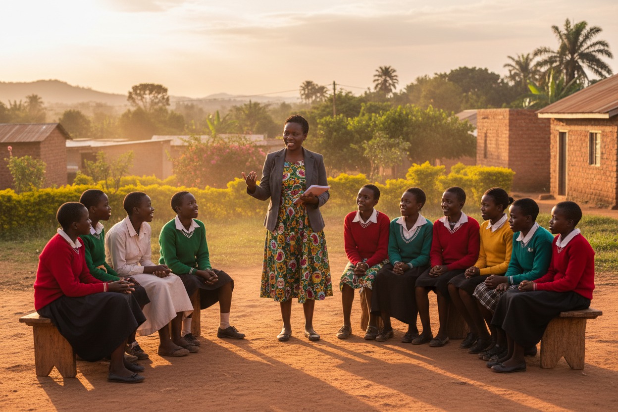 A teacher stands in a dirt courtyard speaking to a group of students sitting on wooden benches at sunset.