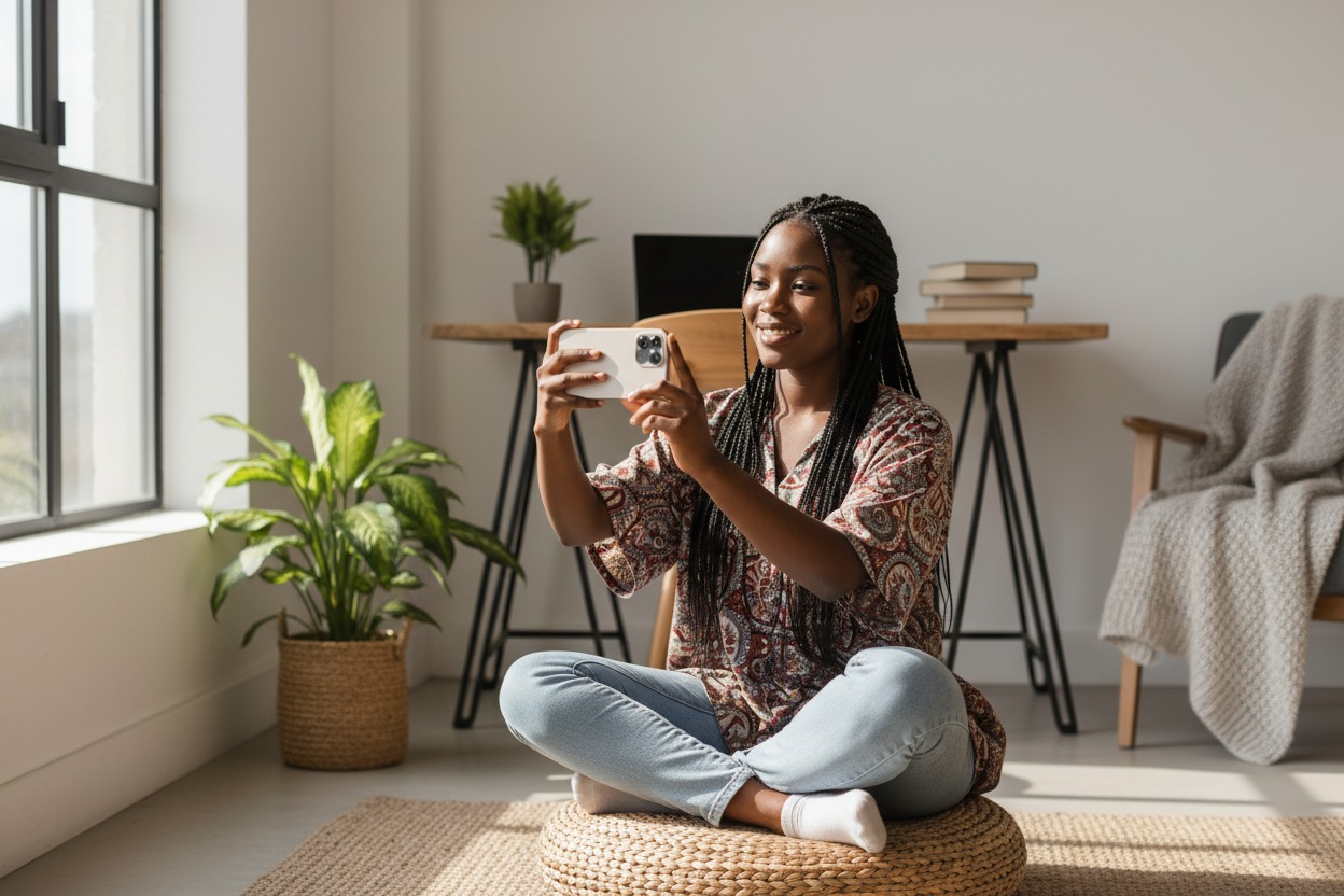 A young woman with braided hair sits cross-legged on a floor cushion while taking a photo with her smartphone in a sunlit room.
