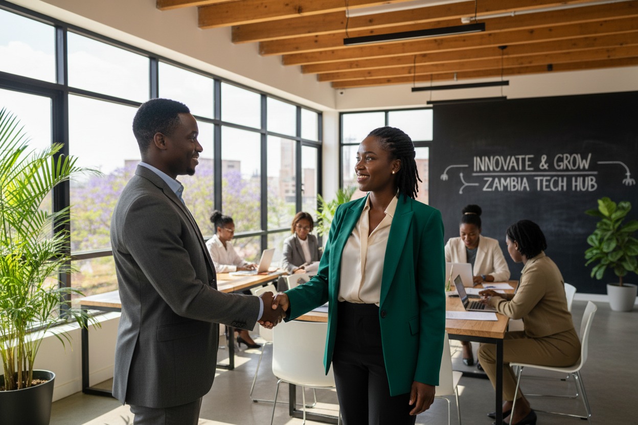 A man and a woman in business attire shake hands in a modern office with colleagues working at desks in the background.
