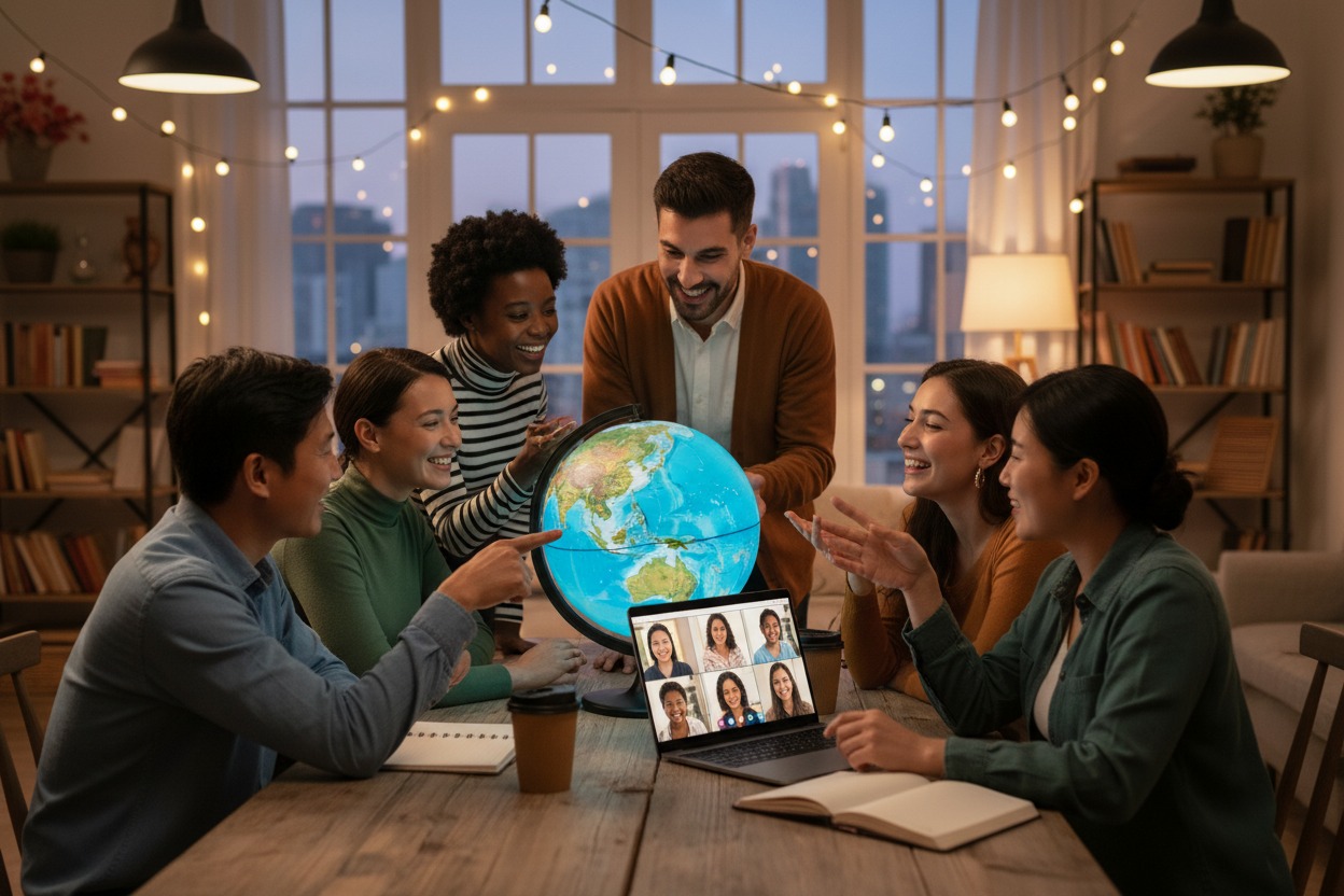 A diverse group of colleagues sits around a table in a cozy office, discussing a glowing globe while participating in a video conference on a laptop.