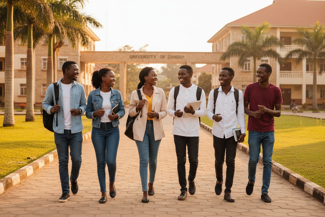 A group of six university students walk and talk together on a paved path in front of a campus building.